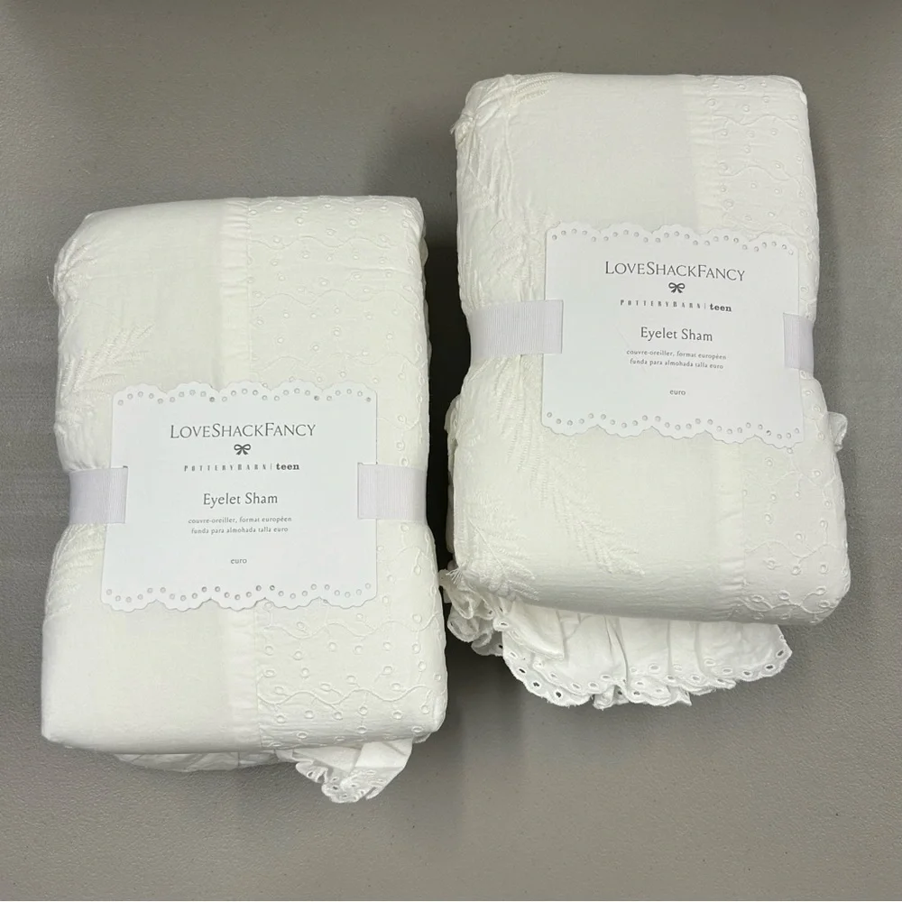 2 LoveShackFancy x Pottery Barn Eyelet Euro Sham Pillow Covers in Ivory NWT